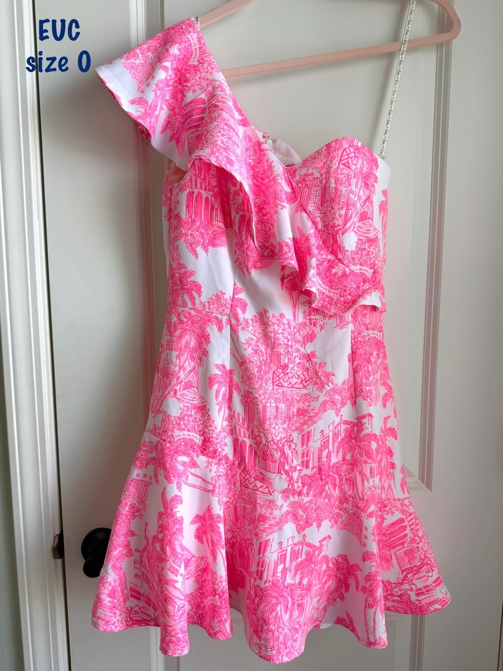 Lilly Pulitzer Arlana Skirted Romper Pink & White One-Shoulder Ruffle Dress